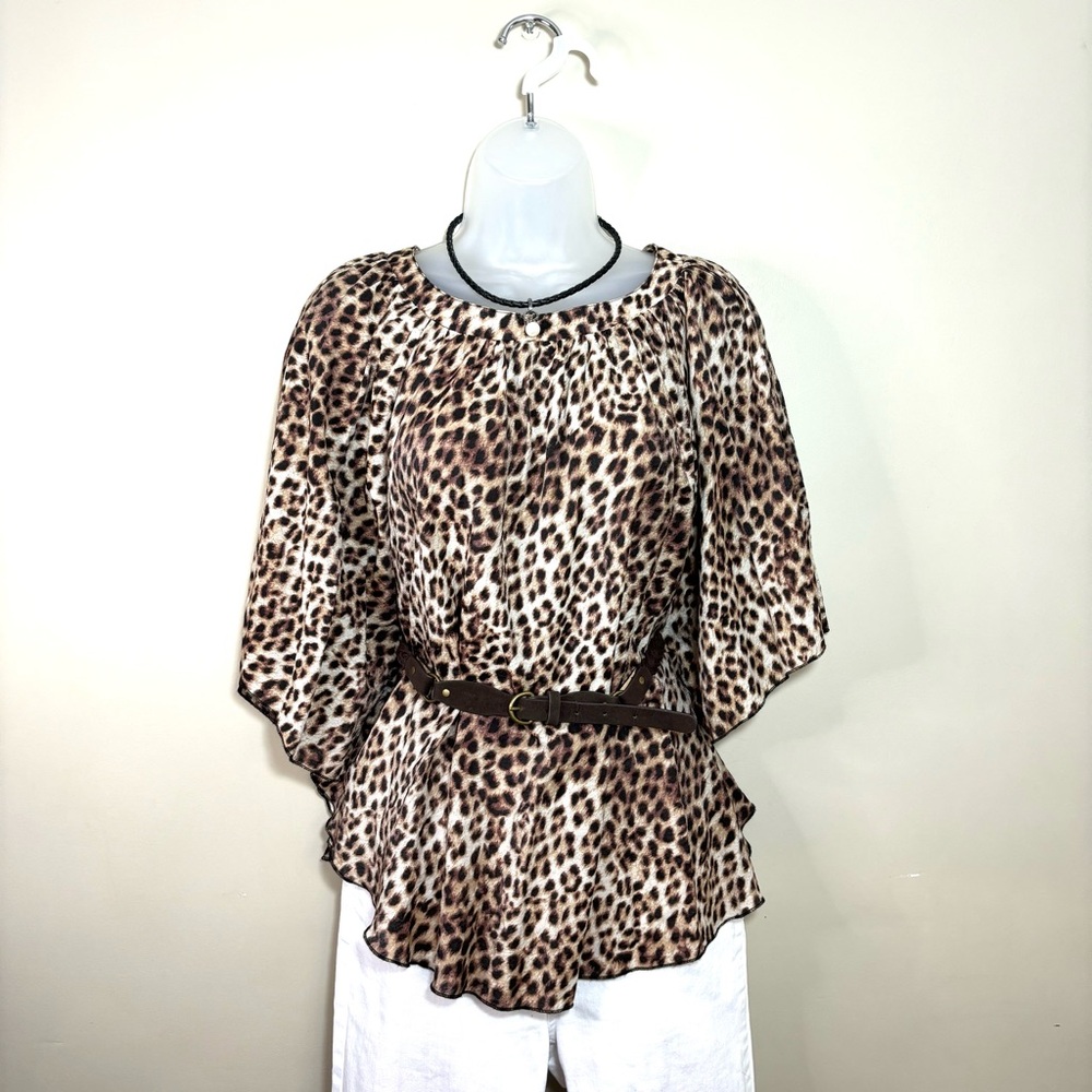 Cato Leopard Animal Print Flowy Blouse Butterfly Sleeve Braided Belt S Boho Y2K